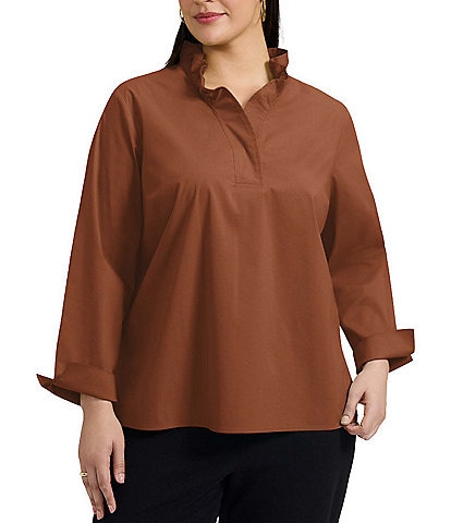 Foxcroft Plus Size Tammy Solid Non-Iron Ruffled Split V-Neck Long Turn-Up Cuff Sleeve Popover Shirt