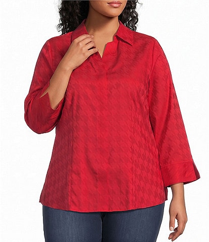 Foxcroft Plus Size Taylor Monocolor Herringbone Jacquard Point Collar 3/4 Sleeve Button Front Shirt