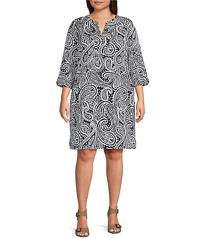 Foxcroft Plus Size Vena Paisley Print Split V-Neck 3/4 Sleeve Shift Dress