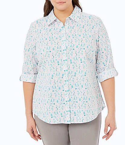 Foxcroft Plus Size Wave Stripe Print Point Collar Long Roll-Tab Sleeve Button Front Shirt