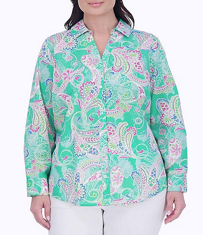 Foxcroft Plus Size Y-Neck Point Collar Long Sleeve Button Front Shirt