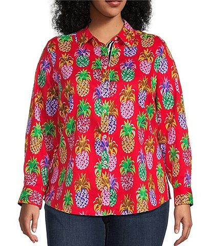 Foxcroft Plus Size Zoey Pineapple Print Cotton Sateen Point Collar Long Sleeve Button Front Shirt