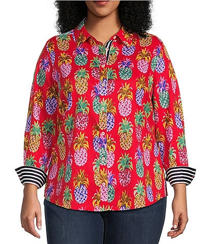 Foxcroft Plus Size Zoey Pineapple Print Cotton Sateen Point Collar Long Sleeve Button Front Shirt