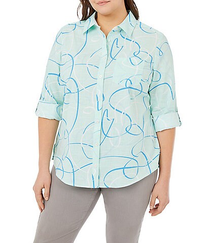 Foxcroft Plus Size Zoey Sun Swirl Print Point Collar Long Roll-Tab Sleeve Shirt