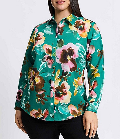 Foxcroft Plus Size Zoey Watercolor Floral Point Collar Long Sleeve Shirt