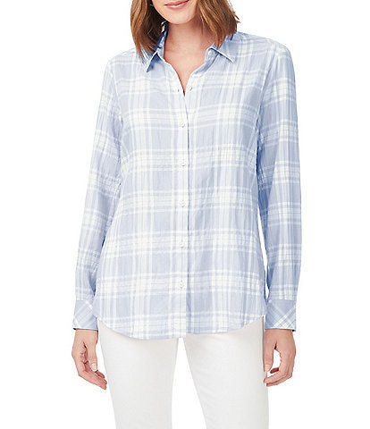 Foxcroft Rhea Plaid Print Point Collar Long Sleeve Button Front Woven Pucker Shirt