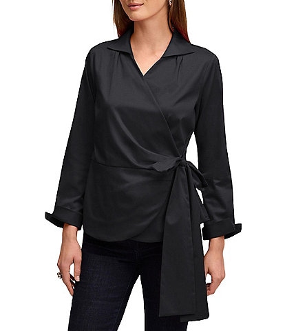 Foxcroft Salina Stretch Solid Collared Long Sleeve Wrap Top