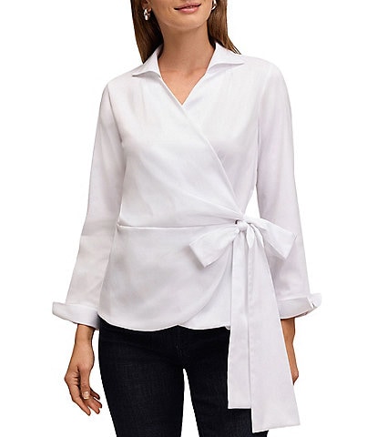 Foxcroft Salina Stretch Solid Collared Long Sleeve Wrap Top