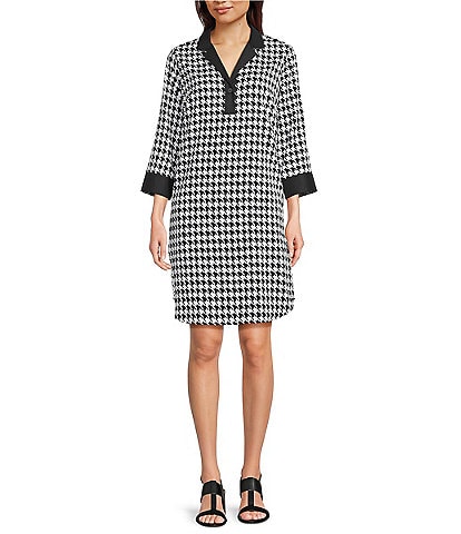 Foxcroft Sloane Cotton Sateen Houndstooth Wrinkle Free Notch Collar 3/4 Barrel Cuff Sleeve Shift Dress