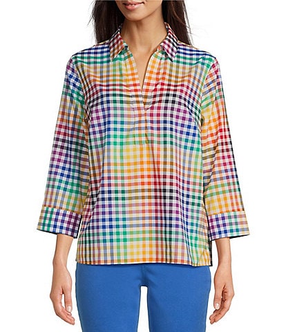 Foxcroft Sophia Rainbow Gingham Print Point Collar 3/4 Sleeve Shirt