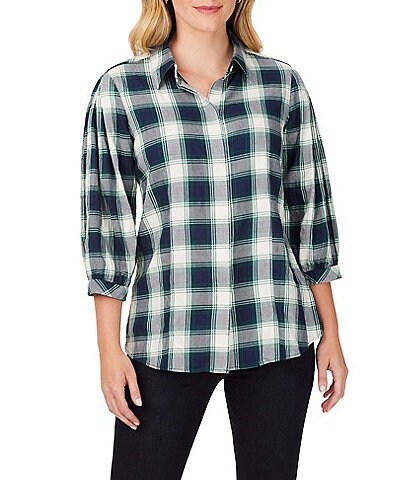 Foxcroft Sophie Dobby Plaid Print Point Collar 3/4 Sleeve Button Front Shirt