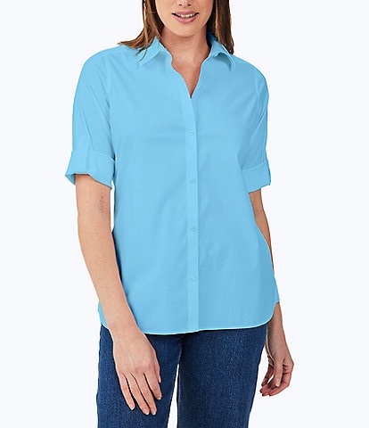 Foxcroft Tamara Solid Stretch Cotton Point Collar 3/4 Roll-Tab Sleeve Button Front Shirt