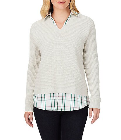 Foxcroft Tartan Print Long Sleeve Layered Shirttail Hem Pullover Sweater