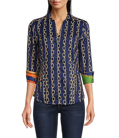 Foxcroft Taylor Chain Stripe Print Point Collar 3/4 Sleeve Contrast Cuff Shirt