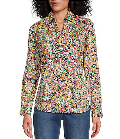 Foxcroft Y-Neck Point Collar Long Sleeve Button Front Shirt