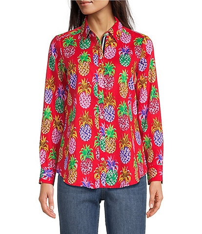 Foxcroft Zoey Pineapple Print Cotton Sateen Point Collar Long Sleeve Button Front Shirt