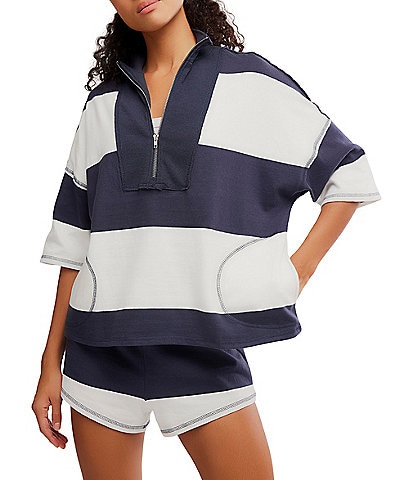 FP Movement Retro Rugby Stripe Pattern Quarter Zip Short Sleeve Short Set