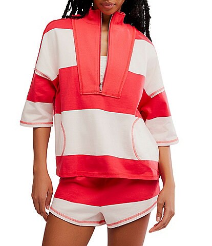 FP Movement Retro Rugby Stripe Pattern Quarter Zip Short Sleeve Short Set
