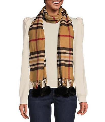 Fraas Plaid Oblong Scarf With Pom