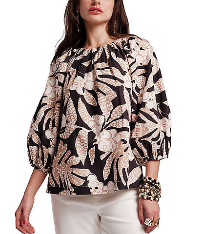 Frances Valentine Bliss Sketchy Jungle Print Elastic Crew Neck 3/4 Sleeve Top