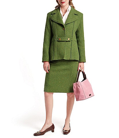 FRANCES VALENTINE Bobby Wool Notch Collar Belt Strap One Button Front Blazer & Wool Coordinating Pencil Skirt