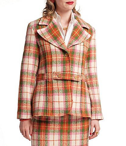 Meghan Reversible Boucle Coat Jacket M Multicolored deals Plaid Pockets Ruffle Snaps