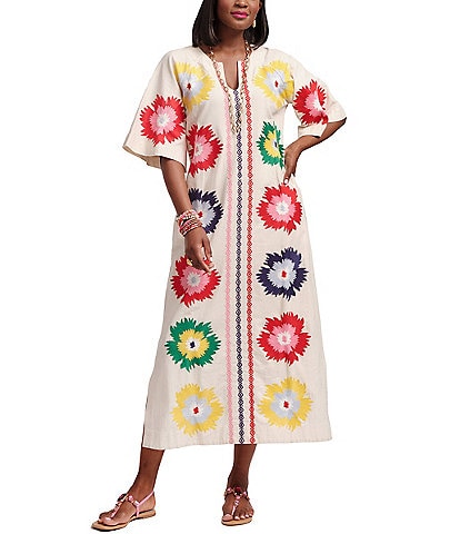 FRANCES VALENTINE Charming Fireflower Print Split U-Neck Short Sleeve Caftan Maxi Dress