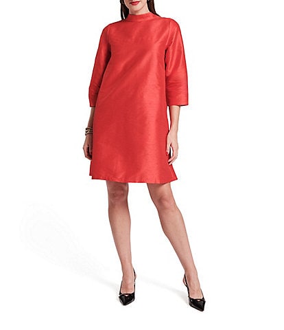 FRANCES VALENTINE Diplomat Solid Dupioni Mock Neck 3/4 Sleeve Shift Dress
