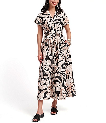 Frances Valentine Eve Sketchy Jungle Print Point Collar Short Sleeve Tie Waist Dress