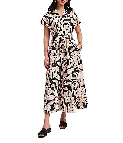 Frances Valentine Eve Sketchy Jungle Print Point Collar Short Sleeve Tie Waist Dress