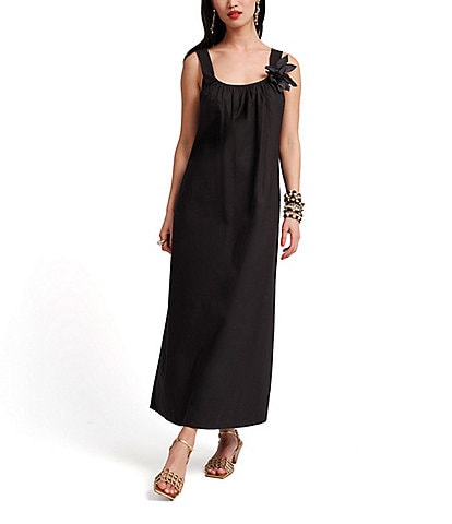 FRANCES VALENTINE Lynda Poplin Scoop Neck Sleeveless Ornamental Flower Maxi Dress
