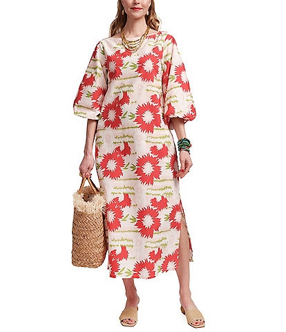 FRANCES VALENTINE Minnow Dahlia Burst Print Boat Neck Bracelet Puff Sleeve Maxi Dress