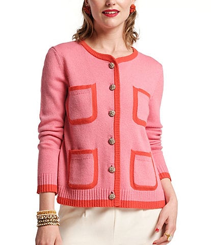 FRANCES VALENTINE Pierre Merino Wool Colorblock Symmetrical Pocket Button Front Cardigan