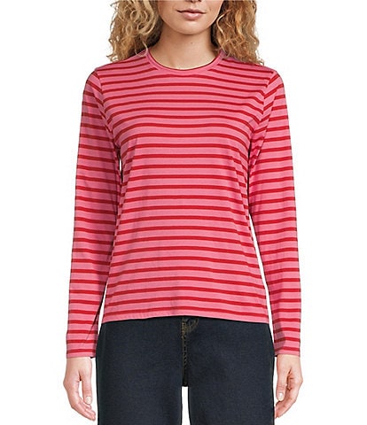 FRANCES VALENTINE Tonal Pima Cotton Crew Neck Long Sleeve Stripe Print Tee Shirt