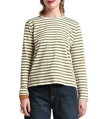 FRANCES VALENTINE Pima Cotton Crew Neck Long Sleeve Stripe Print Tee Shirt