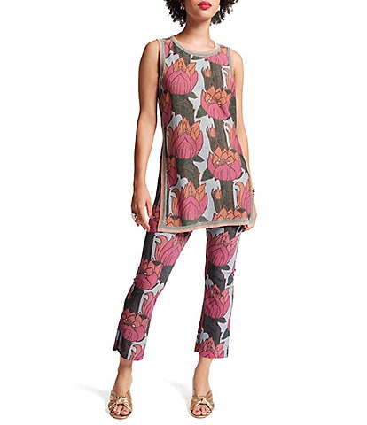 FRANCES VALENTINE Robbie Knit Lurex Fireflower Print Round Neck Sleeveless Tank & Pant Set