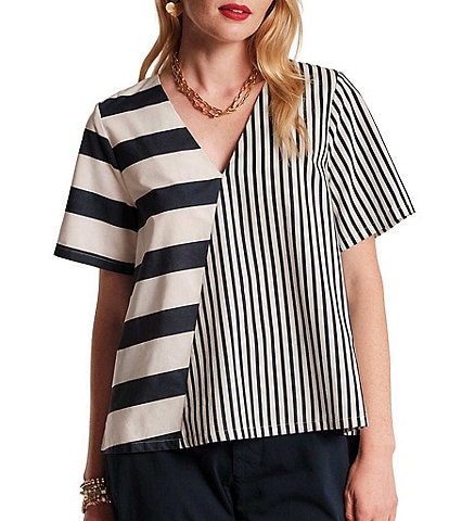 FRANCES VALENTINE Schooner Mixed Stripe Poplin V-Neck Short Sleeve Top