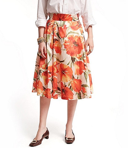 FRANCES VALENTINE Shelley Satin Floral Print Flattering Box Pleats A-Line Skirt