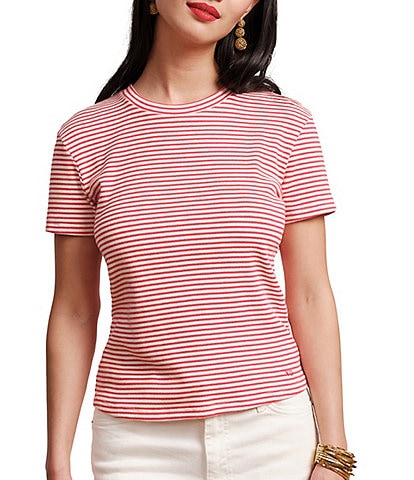 FRANCES VALENTINE Stripe Ribbed Knit Crew Neck Short Sleeve Tee