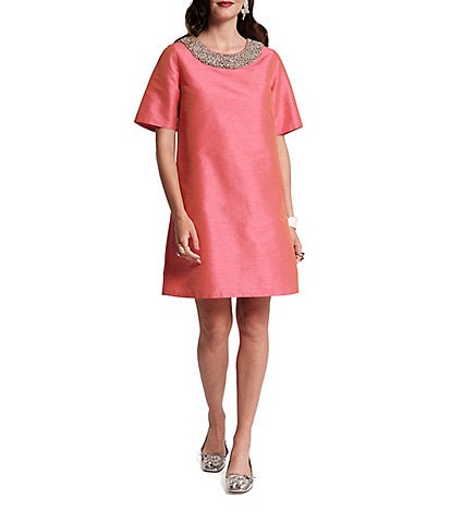 FRANCES VALENTINE Tabby Embellished Scoop Neck Short Sleeve Shift Dress