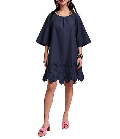 FRANCES VALENTINE Zennia Poplin Boat Neck 3/4 Sleeve Embroidered Flower Hem Dress