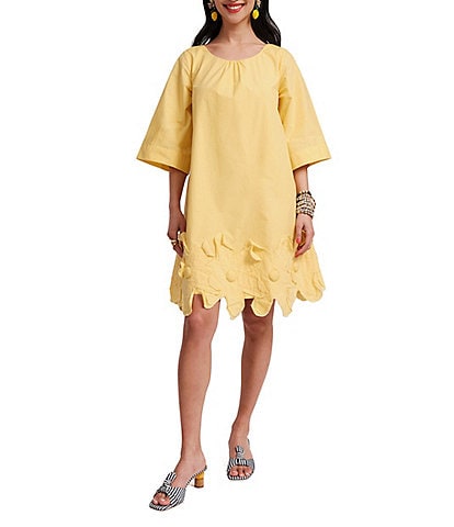 FRANCES VALENTINE Zennia Poplin Boat Neck 3/4 Sleeve Embroidered Flower Hem Dress