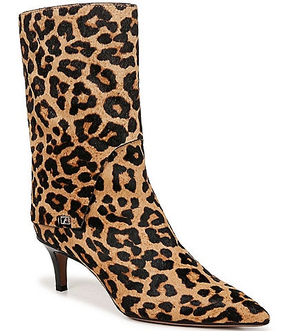 Franco Sarto Alberta Leopard Print Calf Hair Foldover Pointed Toe Dress Boots