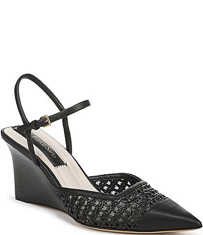 Franco Sarto Cherie Raffia Pointed Toe Ankle Wrap Wedge Pumps