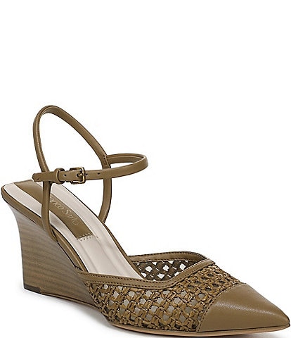 Franco Sarto Cherie Raffia Pointed Toe Ankle Wrap Wedge Pumps