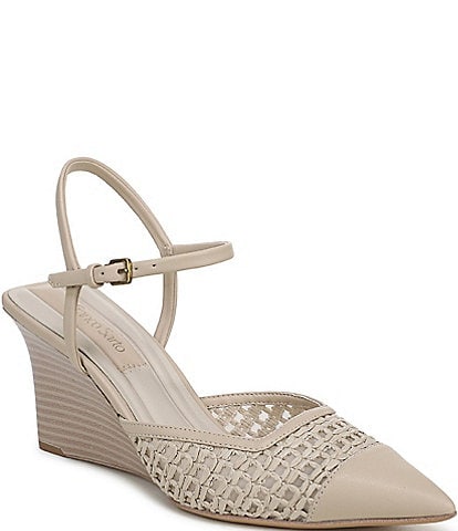 Franco Sarto Cherie Raffia Pointed Toe Ankle Wrap Wedge Pumps