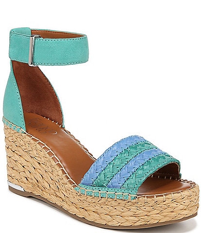 Franco Sarto Clemens Woven Raffia and Leather Ankle Strap Platform Wedge Espadrilles