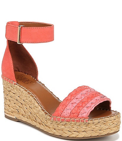 Franco Sarto Clemens Woven Raffia and Leather Ankle Strap Platform Wedge Espadrilles