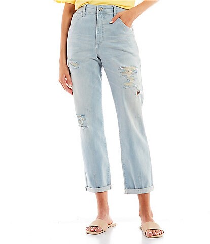 Frayed High Rise Destructed Tapered Rolled Cuff Boyfriend Jeans