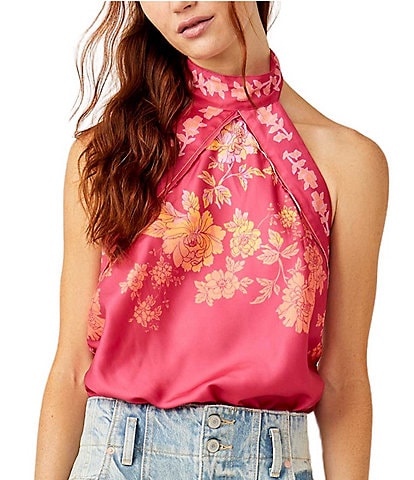 Free People 1 Thing Halter Neck Sleeveless Paisley Floral Print Tie Open Back Detail Scarf Top Bodysuit